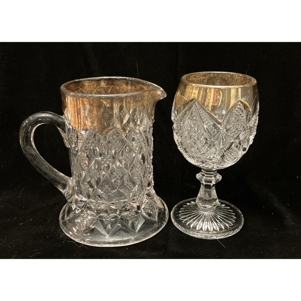 2 VTG EAPG Creamer Pitcher, Goblet Ladders Diamond Pineapple Pressed Glass Gold